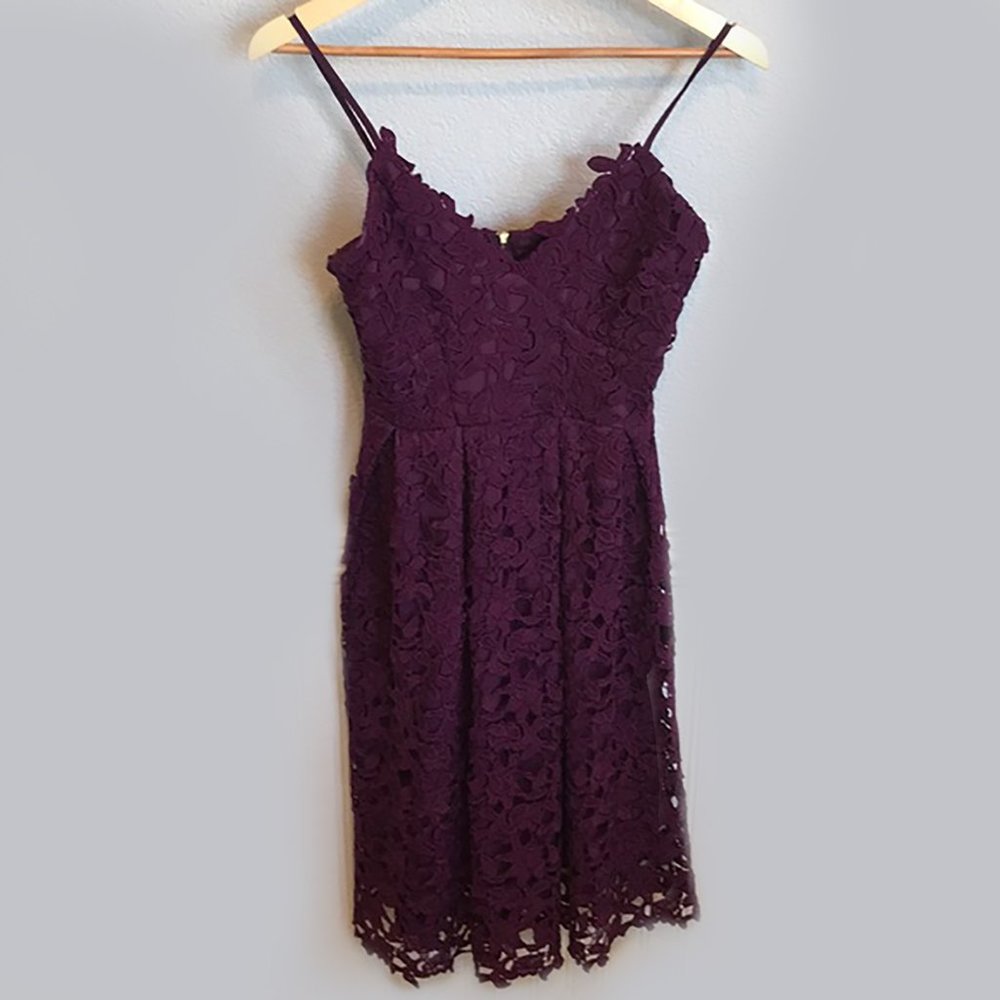 LOVE...ADY Lace Dress S Midi Spaghetti Fit Flare Wine Overlay 2/4 Aqua NWOT 50s - Picture 6 of 14